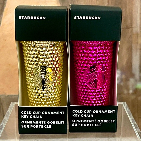 🩷💛NWT Set 2 Starbucks 2022 Holiday Metallic Bling Tumbler Key Chain Ornaments - Picture 1 of 6